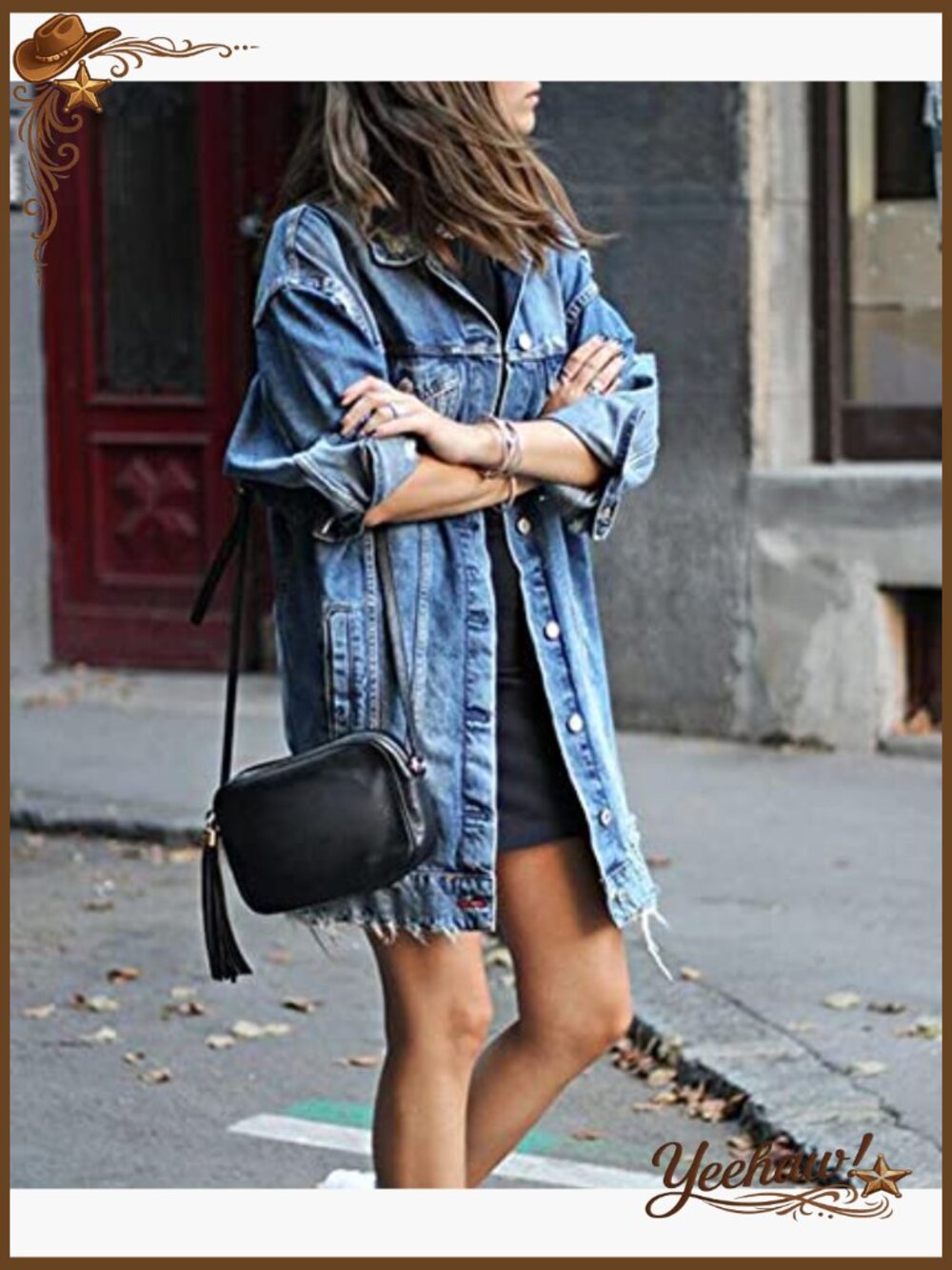 Distressed Denim Trucker Jacket Ripped Long Sleeve Button Front Oversized - Picture 3 of 7